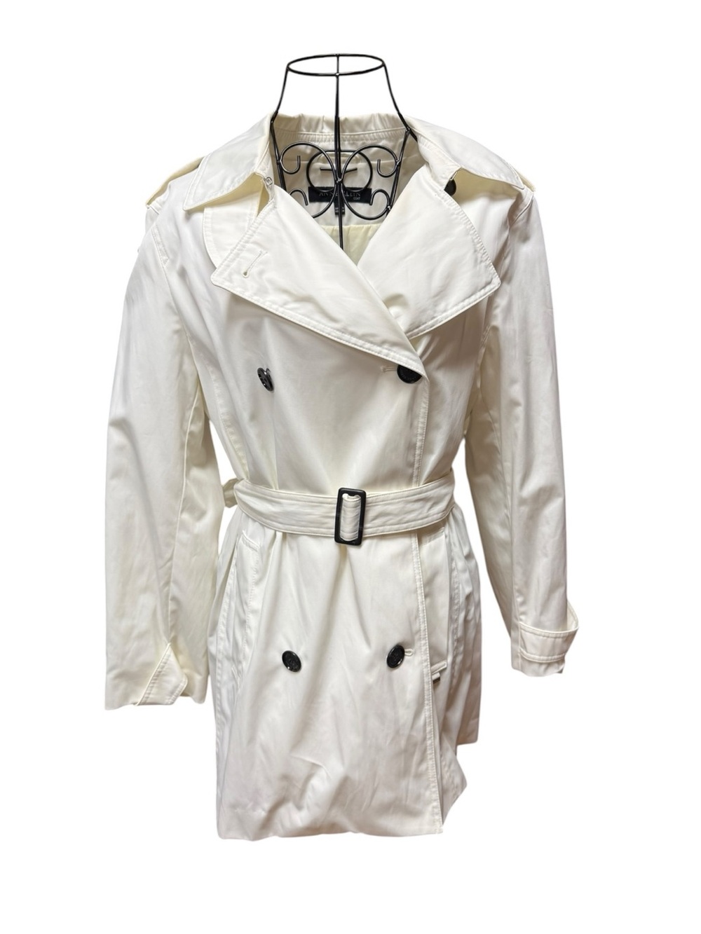 Anne Klein White Double-Breasted Trench Coat Belt Cotton Blend
